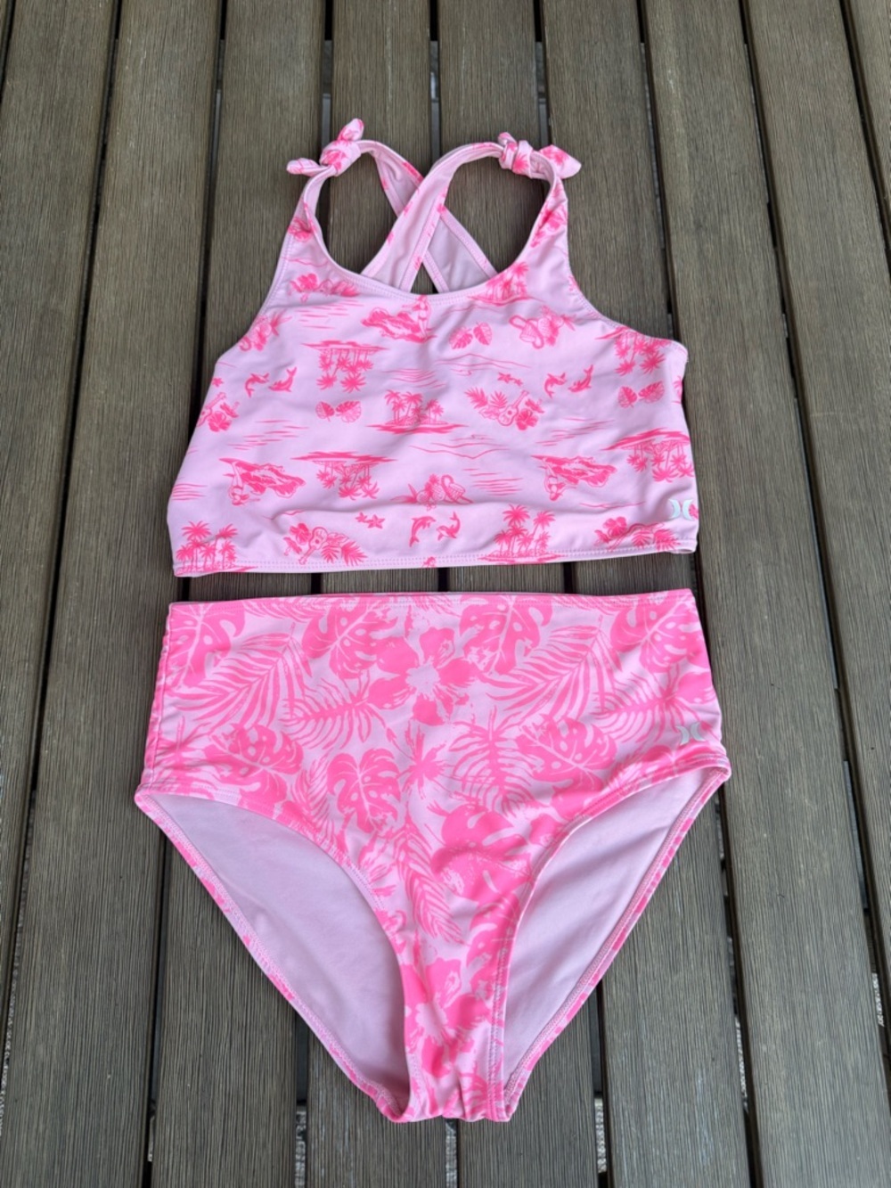 Hurley Girls Pink Tropical Bikini Set Size 14 Hawaiian Floral Swimwear